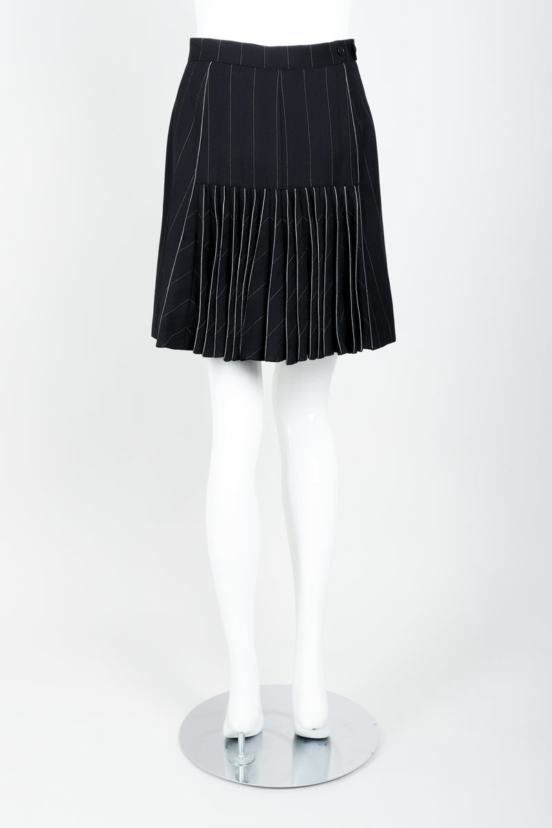 Vintage Alaia Pinstripe Pleated Skirt on Mannequin back at Recess
