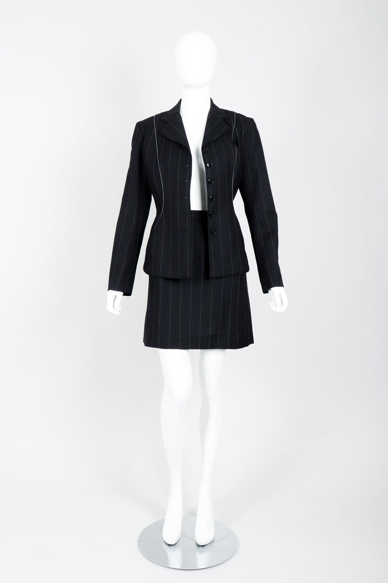 Vintage Alaia Pinstripe Contour Jacket & Pleated Skirt on Mannequin open at Recess