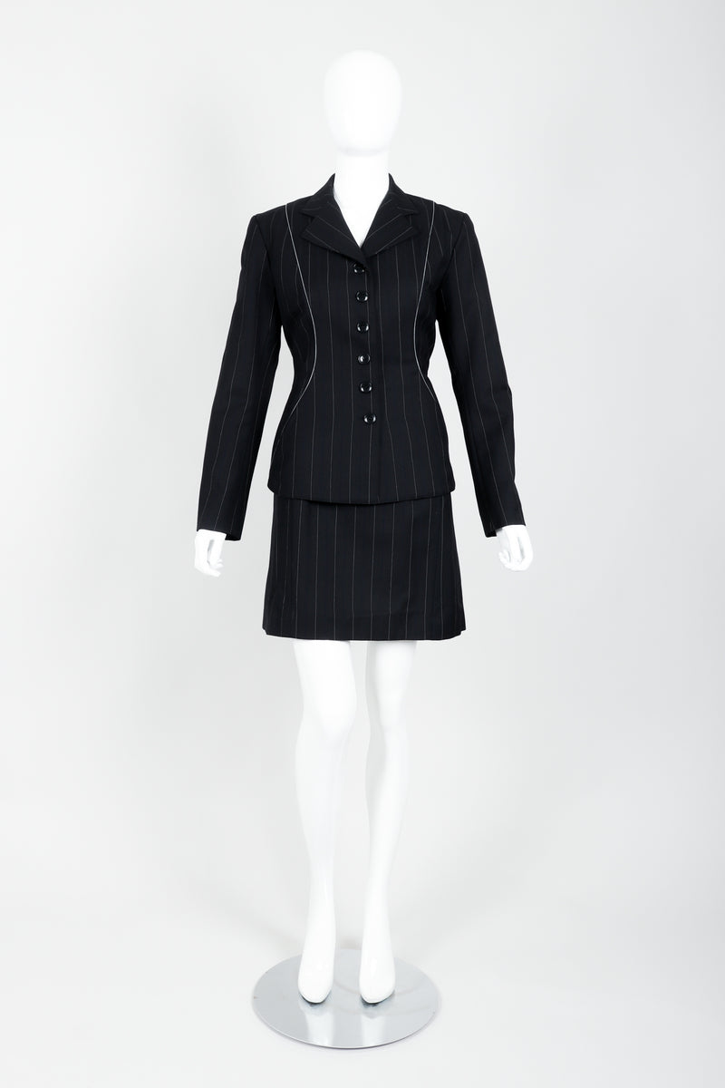 Vintage Alaia Pinstripe Contour Jacket & Pleated Skirt Set on Mannequin front