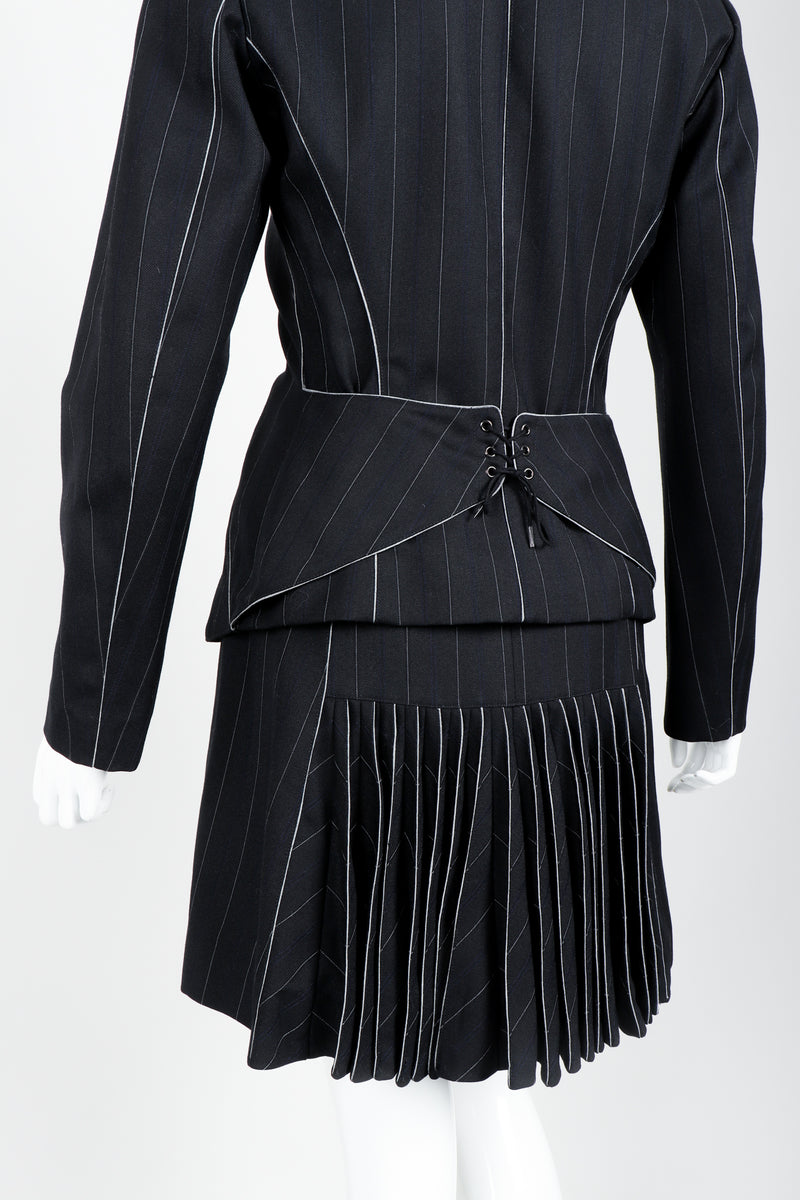 Vintage Alaia Pinstripe Contour Jacket & Pleated Skirt Set on Mannequin back detail