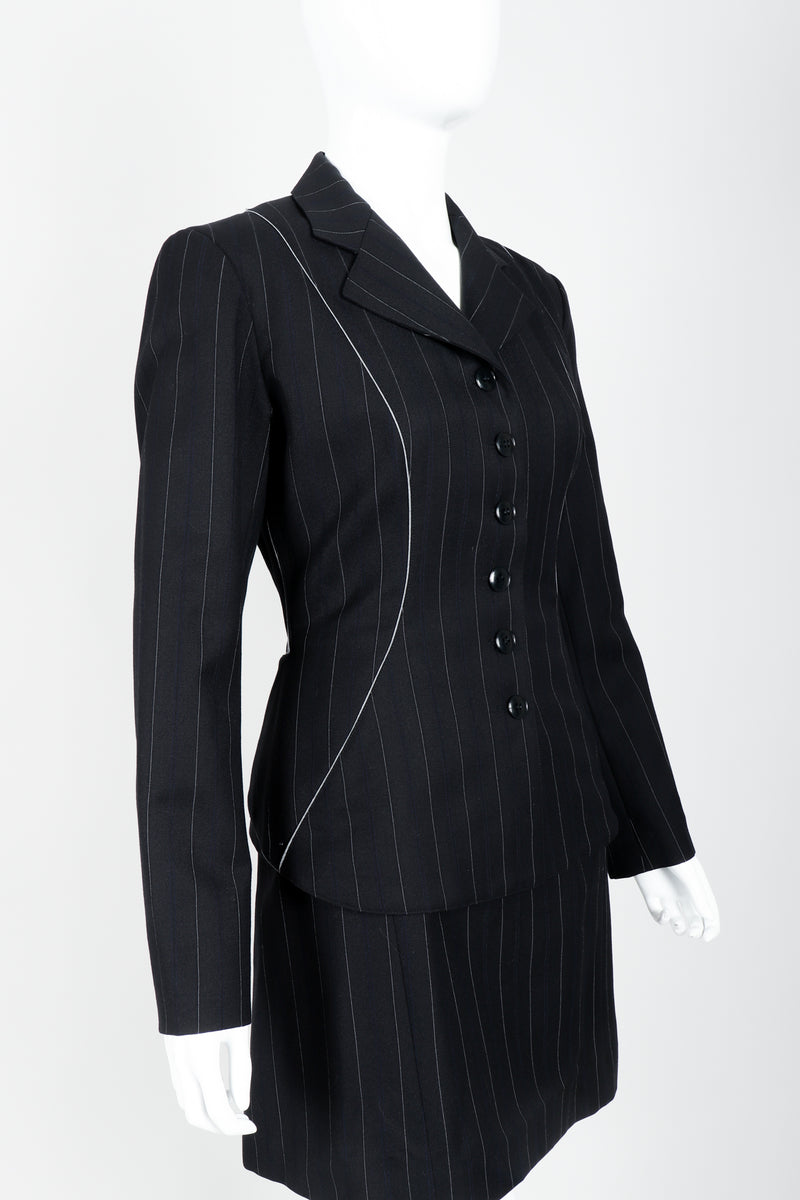 Vintage Alaia Pinstripe Contour Jacket & Pleated Skirt on Mannequin front crop at Recess