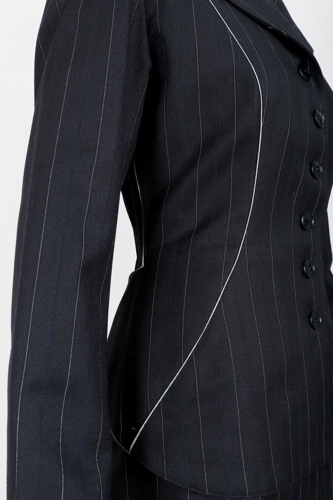 Vintage Alaia Pinstripe Contour Jacket & Pleated Skirt Set on Mannequin detail 
