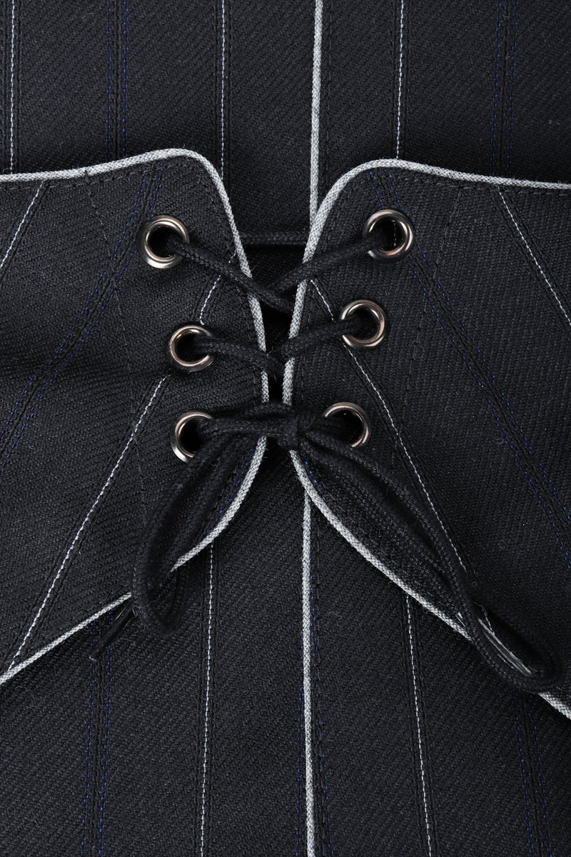 Vintage Alaia Pinstripe Contour Jacket & Pleated Skirt on Mannequin back waist detail
