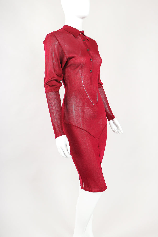 Recess Designer Consignment Vintage Alaia Juliette Sleeve Sheer Knit Collared Dress Los Angeles Resale