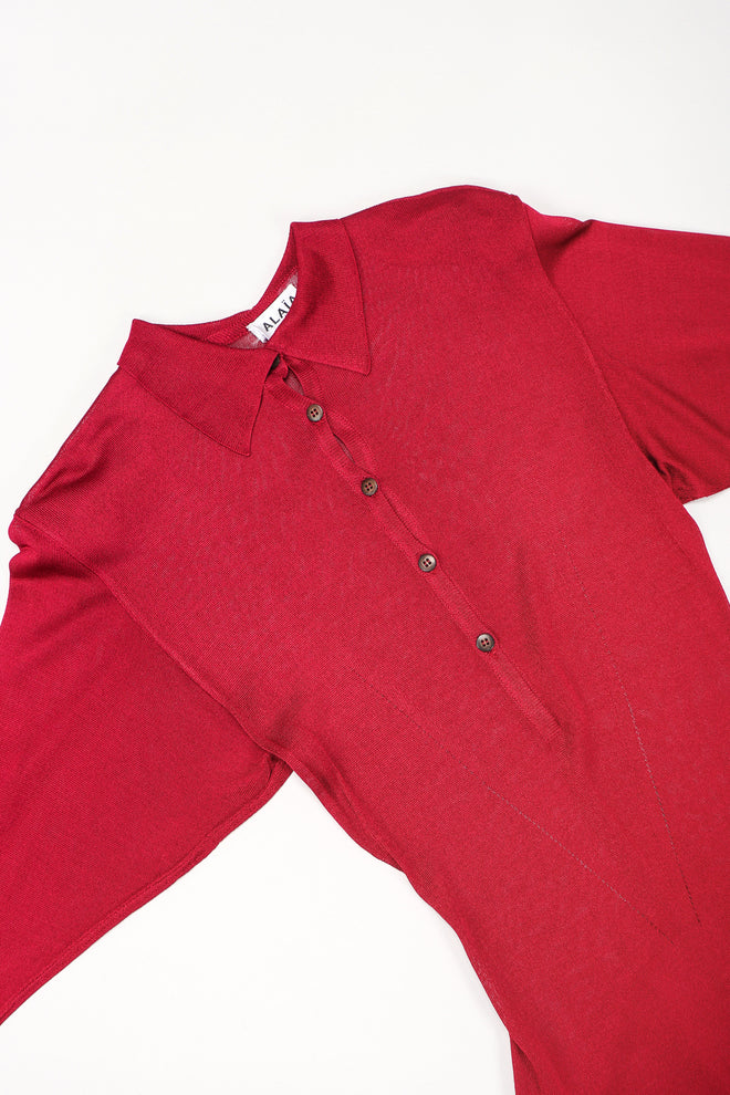 Recess Designer Consignment Vintage Alaia Juliette Sleeve Sheer Knit Collared Dress Los Angeles Resale