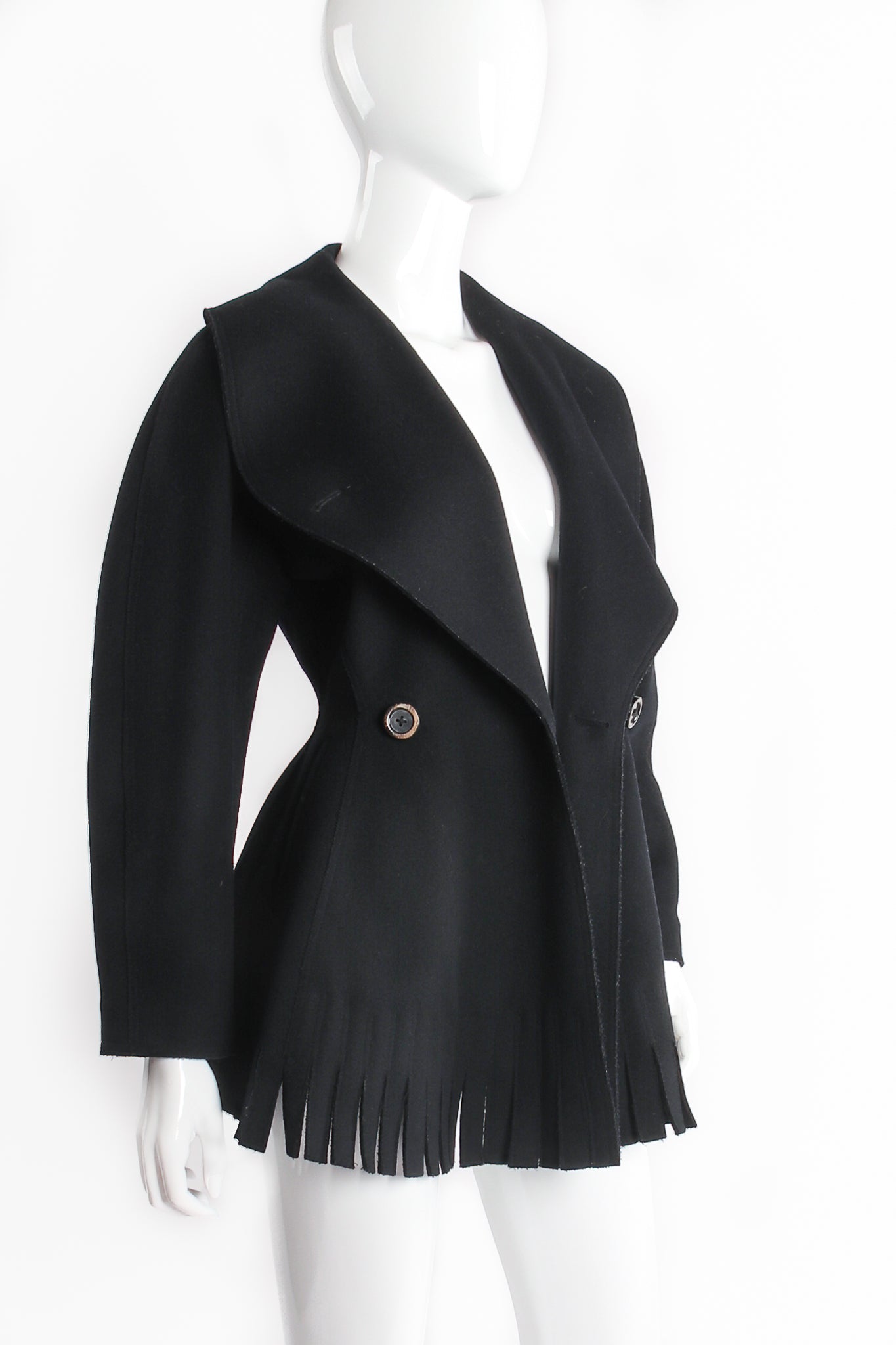 Vintage Alaïa Shawl Collar Wool Carwash Peplum Jacket on mannequin angle open at Recess Los Angeles