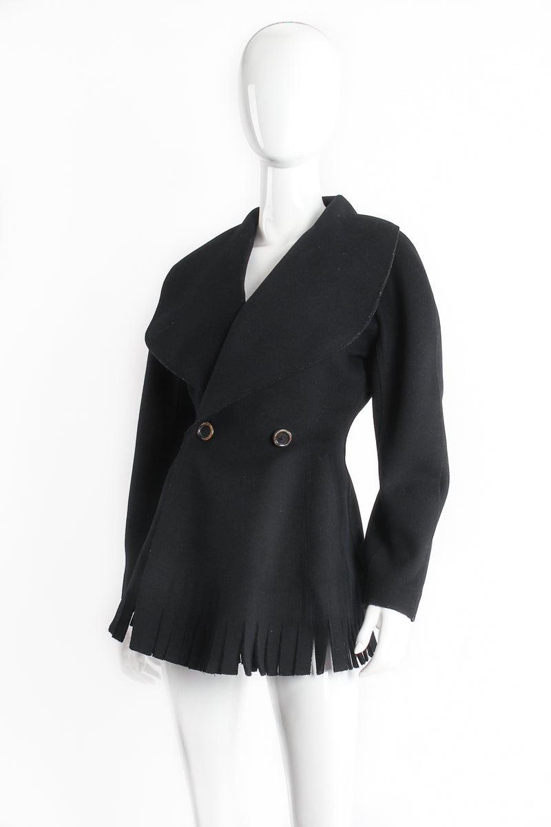 Vintage Alaïa Shawl Collar Wool Carwash Peplum Jacket on mannequin angle at Recess Los Angeles