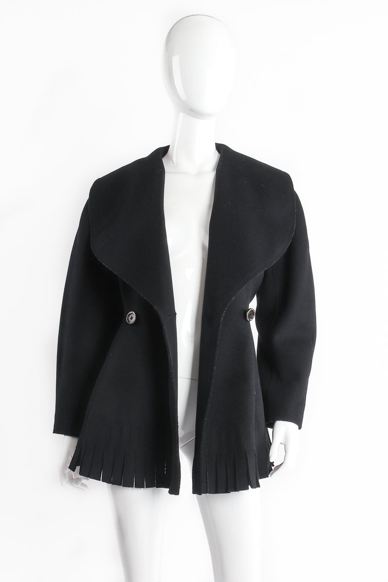 Vintage Alaïa Shawl Collar Wool Carwash Peplum Jacket on mannequin open at Recess Los Angeles