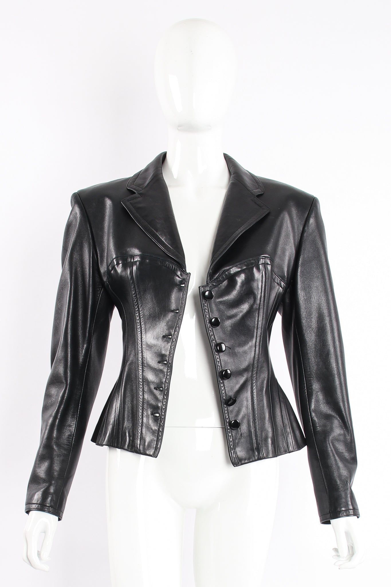 Vintage Alaia Leather Bustier Corset Jacket on Mannequin front open at Recess Los Angeles