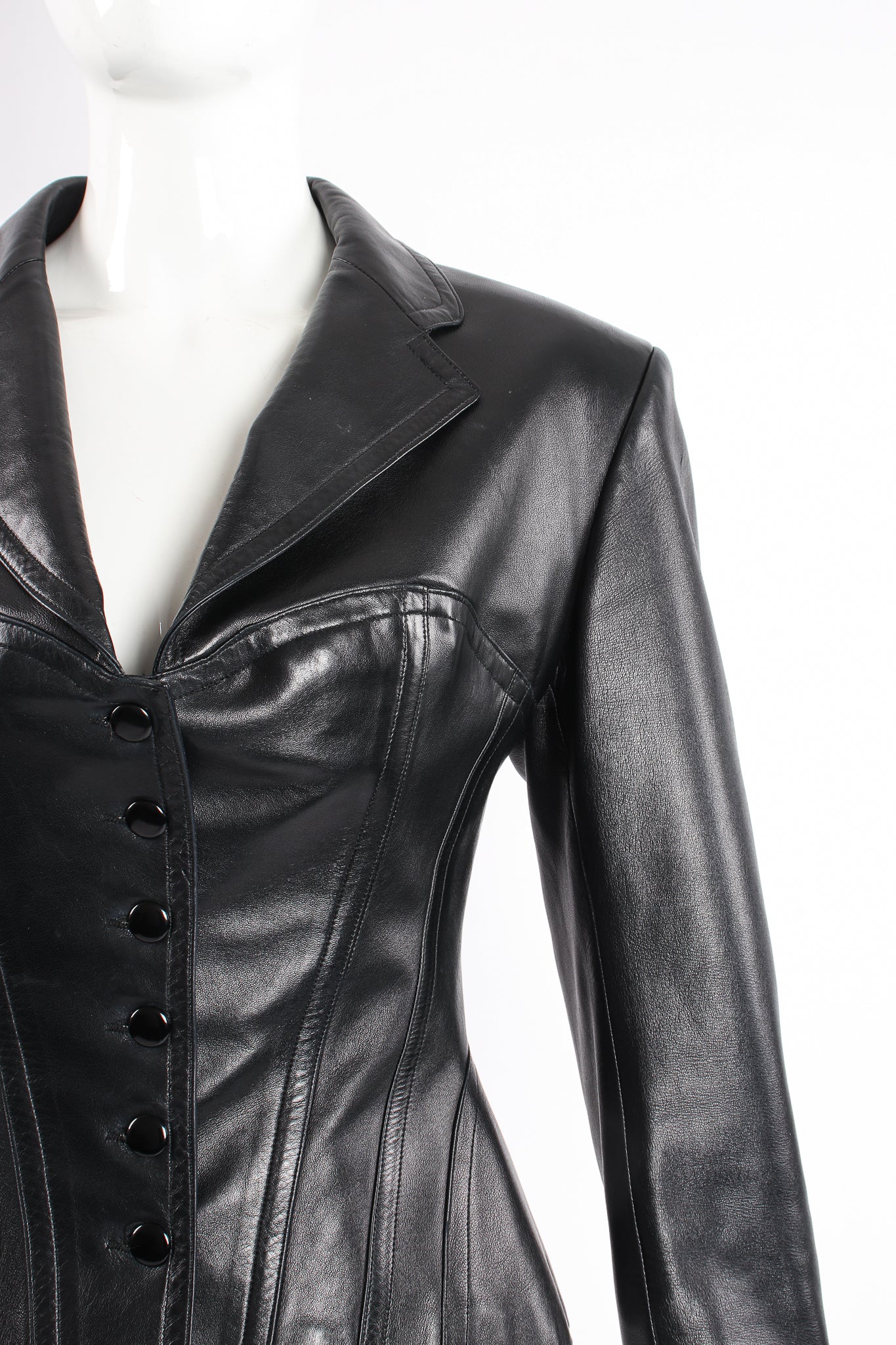 Vintage Alaia Leather Bustier Corset Jacket on Mannequin front Crop at Recess Los Angeles