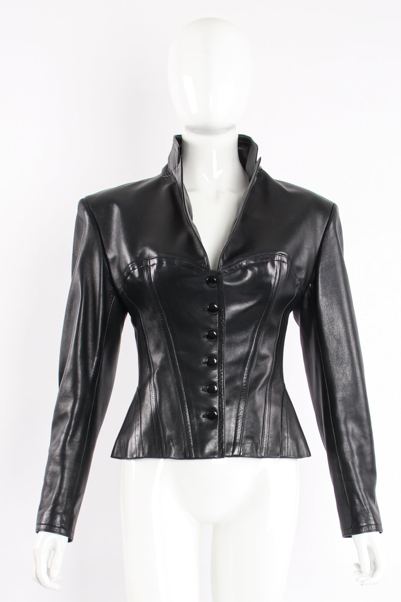 Vintage Alaia Leather Bustier Corset Jacket on Mannequin front pop collar at Recess Los Angeles