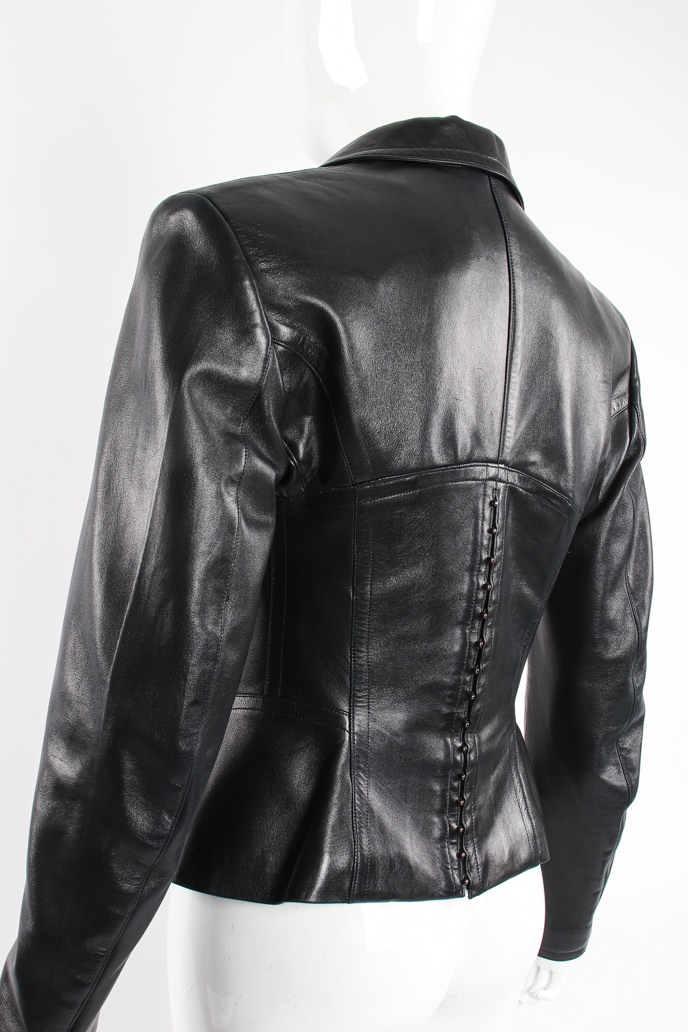 Vintage Alaia Leather Bustier Corset Jacket on Mannequin back corset waist at Recess LA