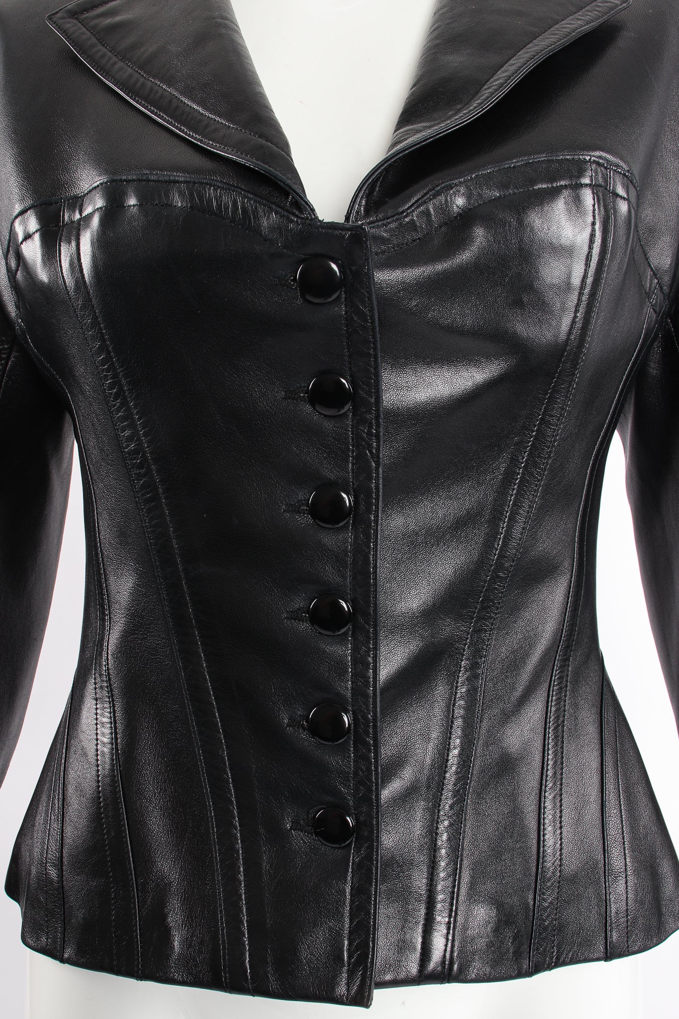 Vintage Alaia Leather Bustier Corset Jacket on Mannequin waist detail at Recess Los Angeles