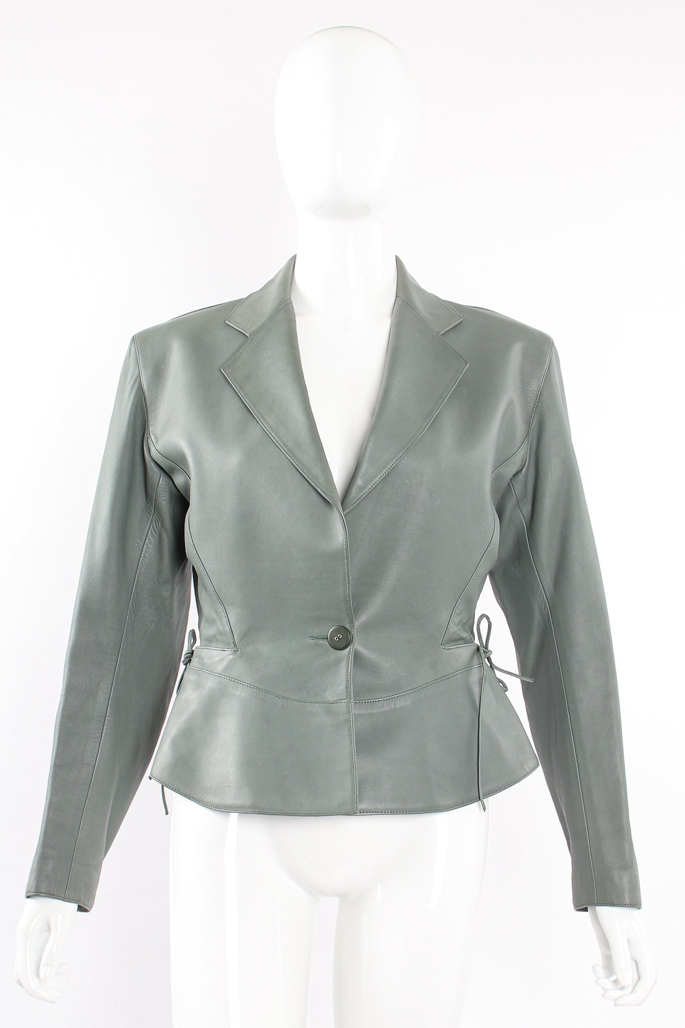 Vintage Alaia Leather  Tie Peplum Jacket on Mannequin front at Recess Los Angeles