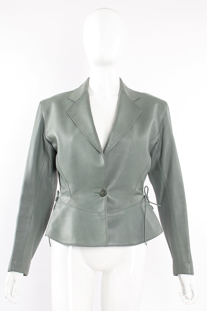 Vintage Alaia Leather  Tie Peplum Jacket on Mannequin front at Recess Los Angeles