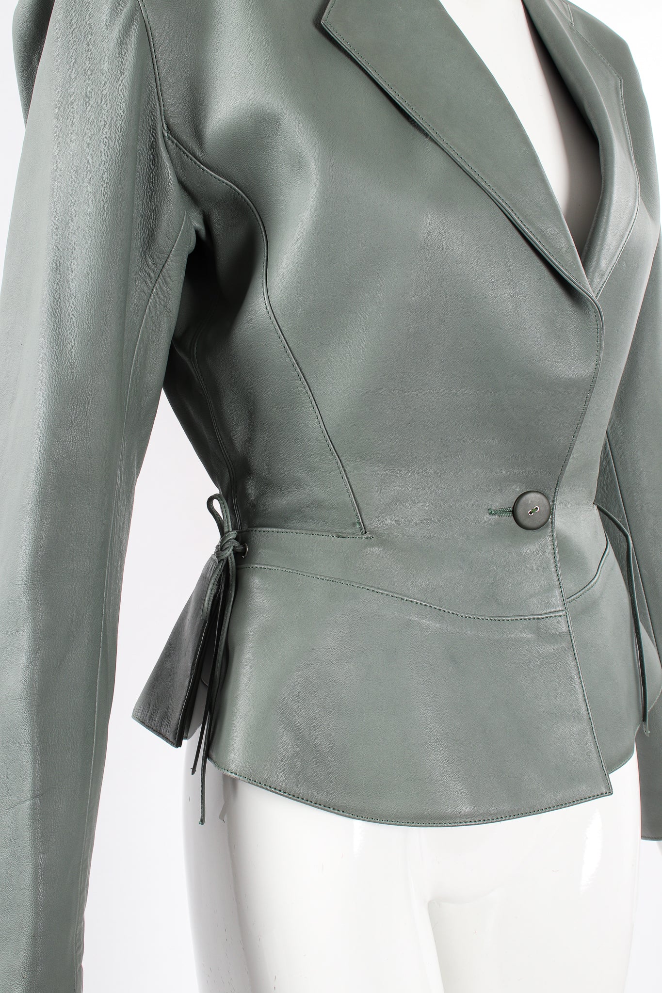 Vintage Alaia Leather  Tie Peplum Jacket on Mannequin waist at Recess Los Angeles
