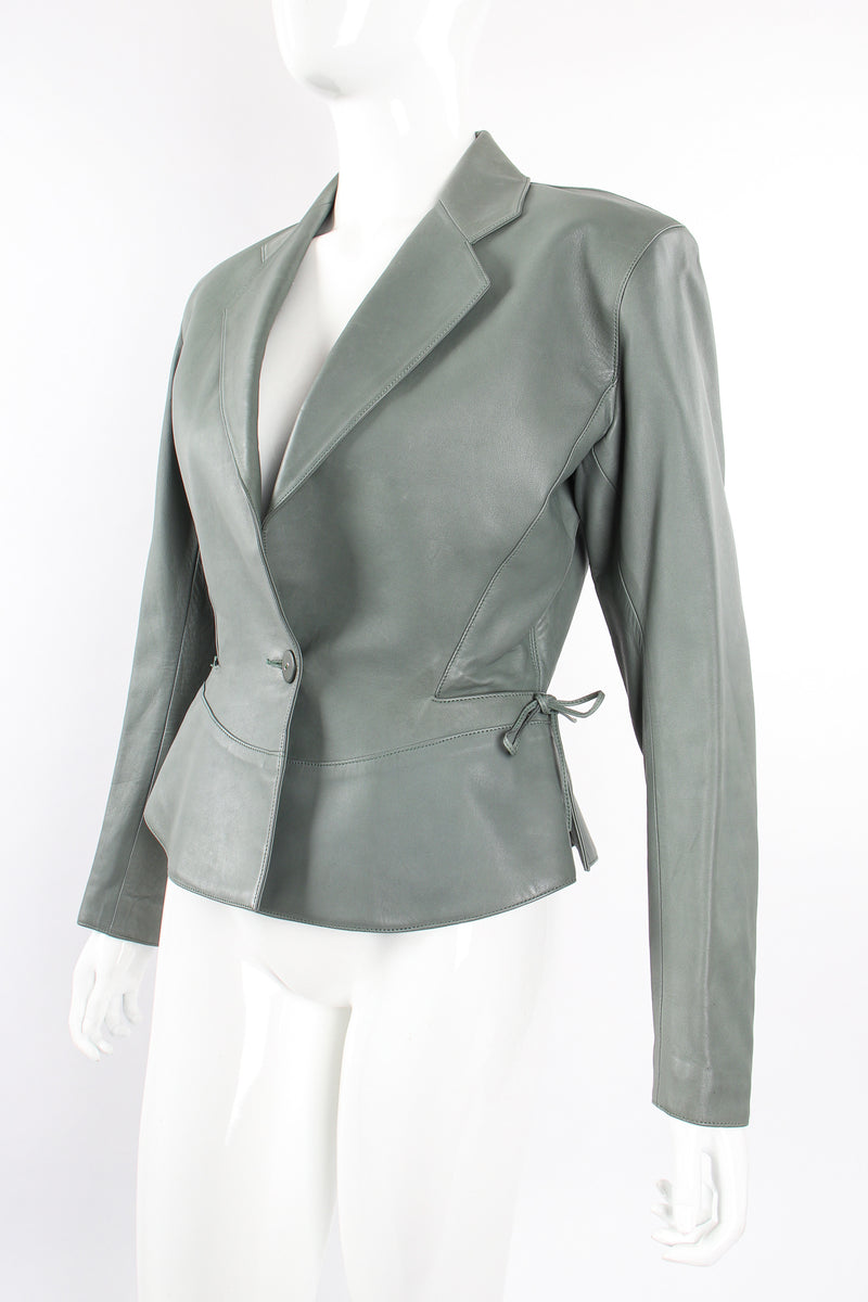 Vintage Alaia Leather  Tie Peplum Jacket on Mannequin angle at Recess Los Angeles