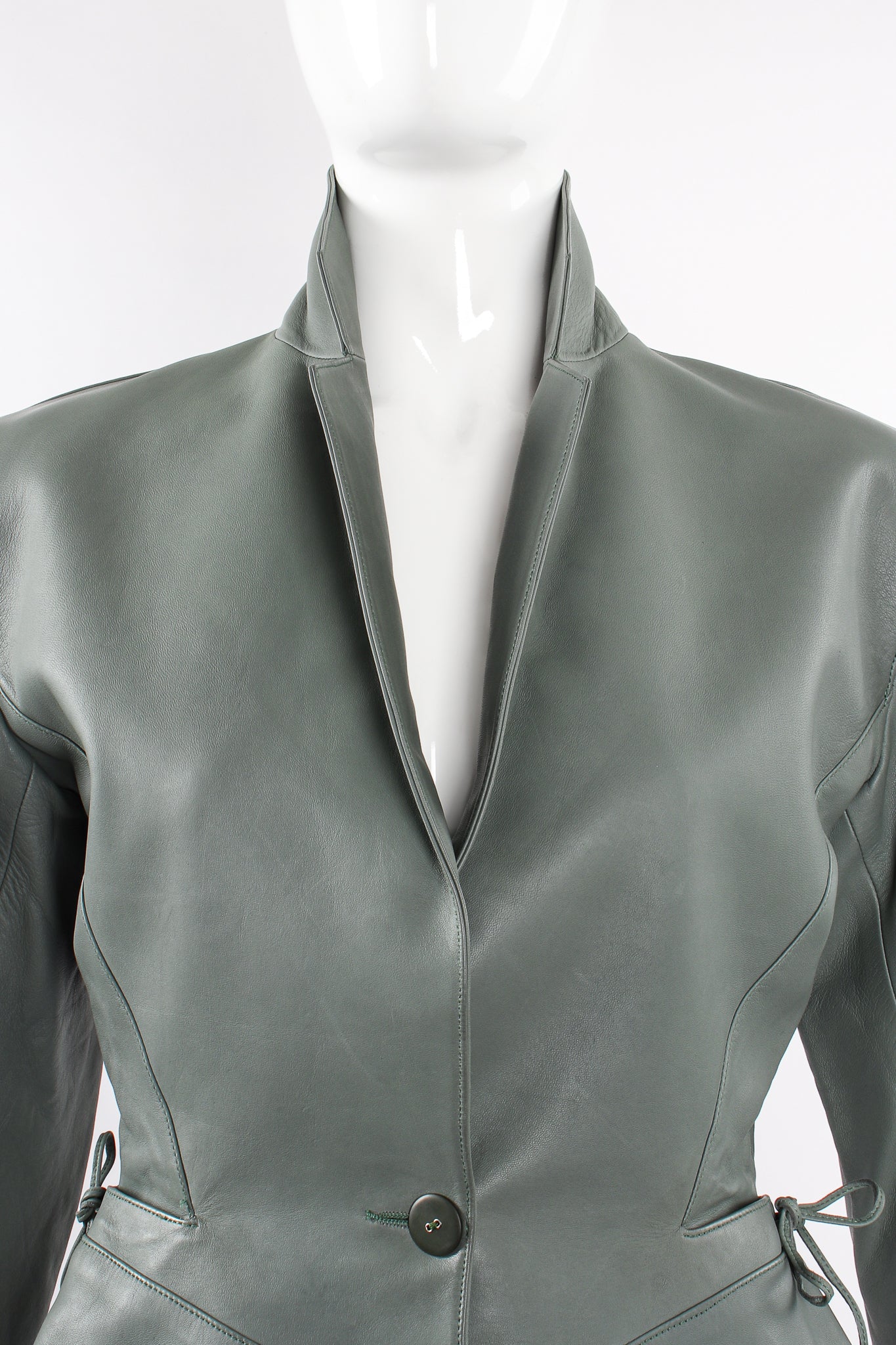 Vintage Alaia Leather  Tie Peplum Jacket on Mannequin collar at Recess Los Angeles