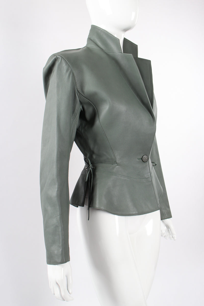 Vintage Alaia Leather  Tie Peplum Jacket on Mannequin angle at Recess Los Angeles