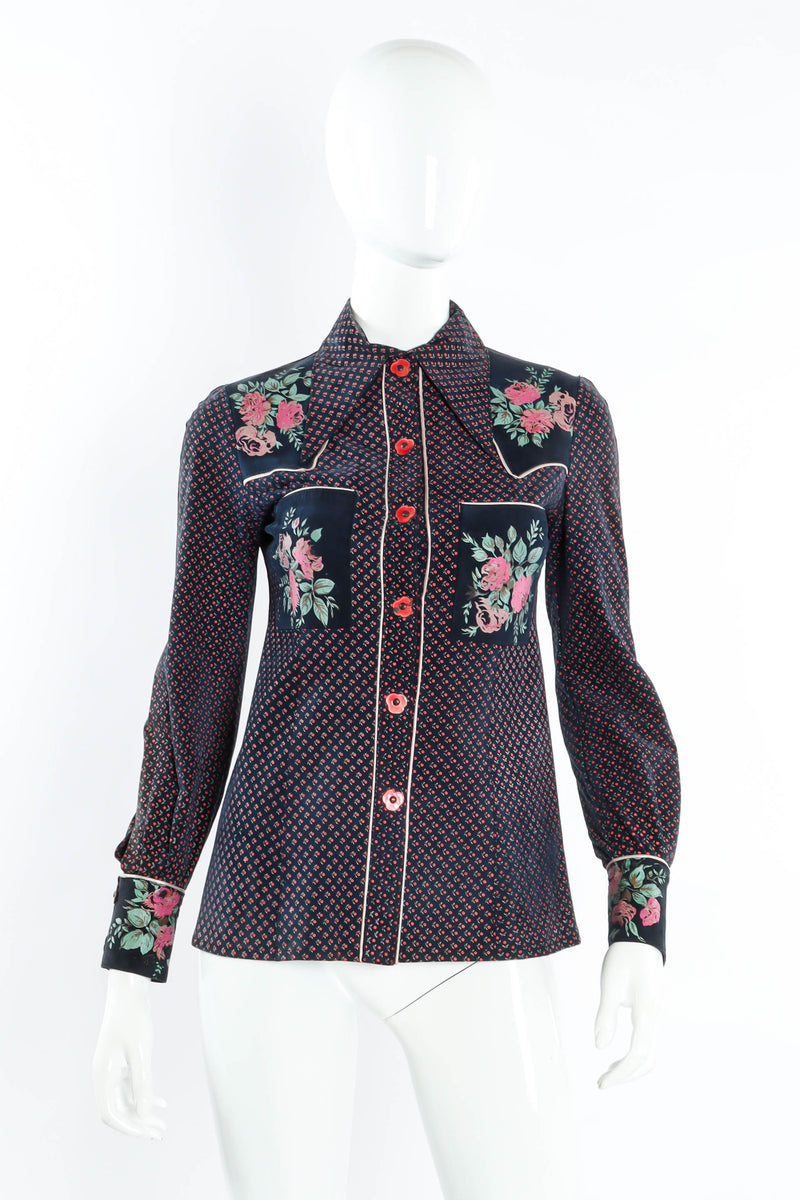 Vintage Alan Austin Rose Floral Leather Blouse mannequin front @ Recess LA