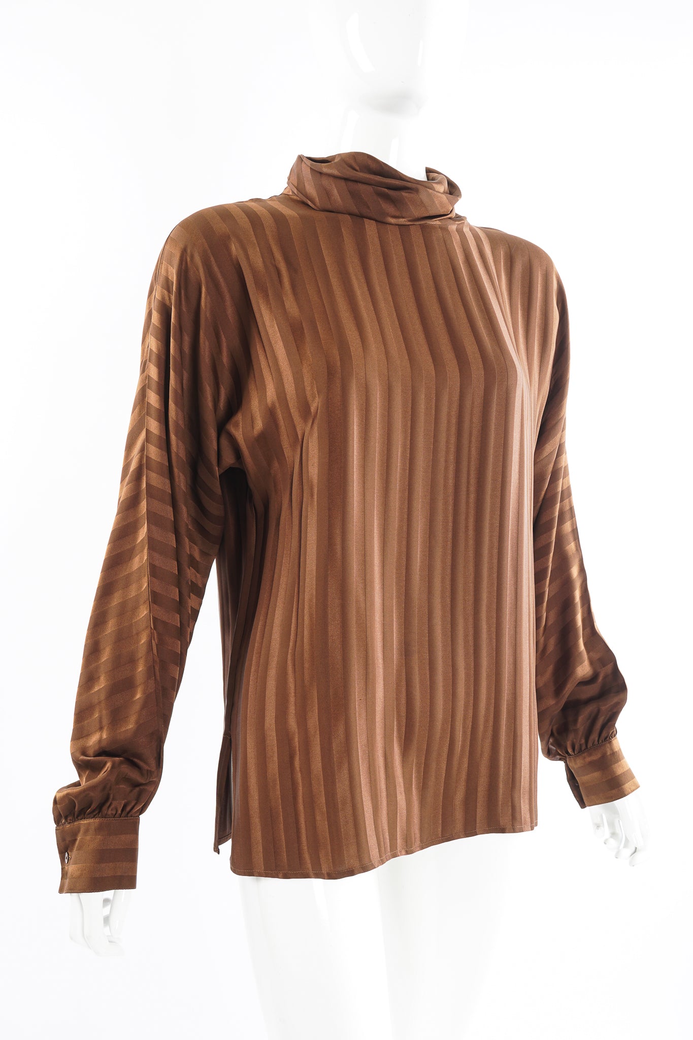 Vintage Alan Austin Chocolate Silk Stripe Blouse on Mannequin crop at Recess Los Angeles