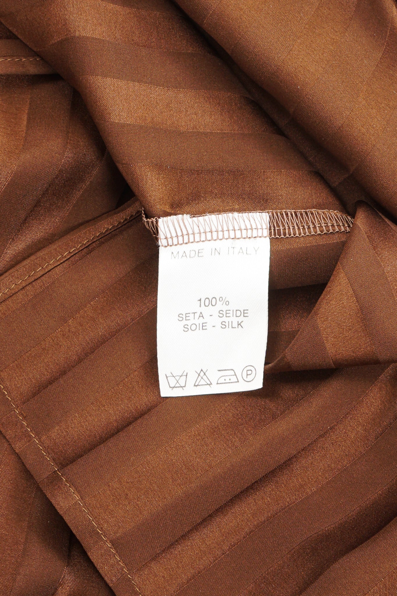 Vintage Alan Austin Chocolate Silk Stripe Blouse contents label at Recess Los Angeles