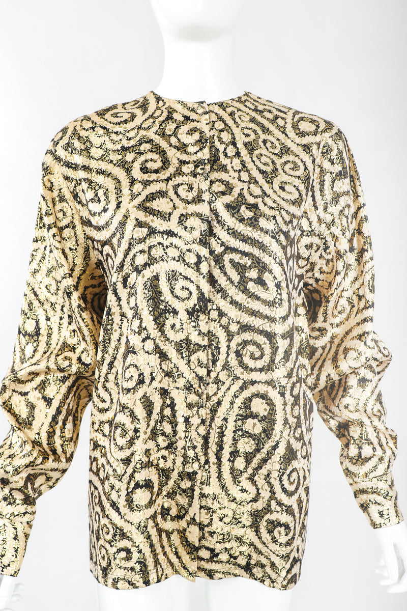Recess Designer Consignment Vintage Alan Austin Golden Metallic Lamé Paisley Silk Blouse Los Angeles Resale