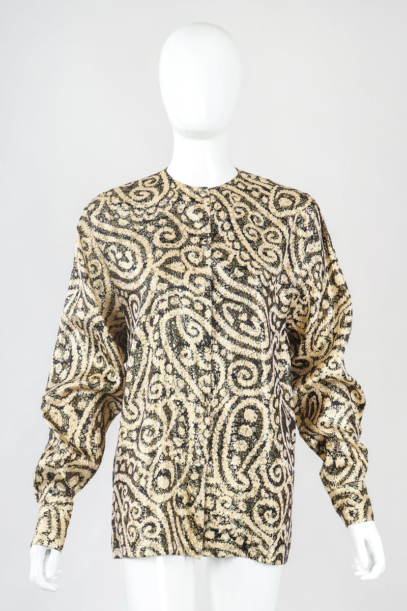 Recess Designer Consignment Vintage Alan Austin Golden Metallic Lamé Paisley Silk Blouse Los Angeles Resale