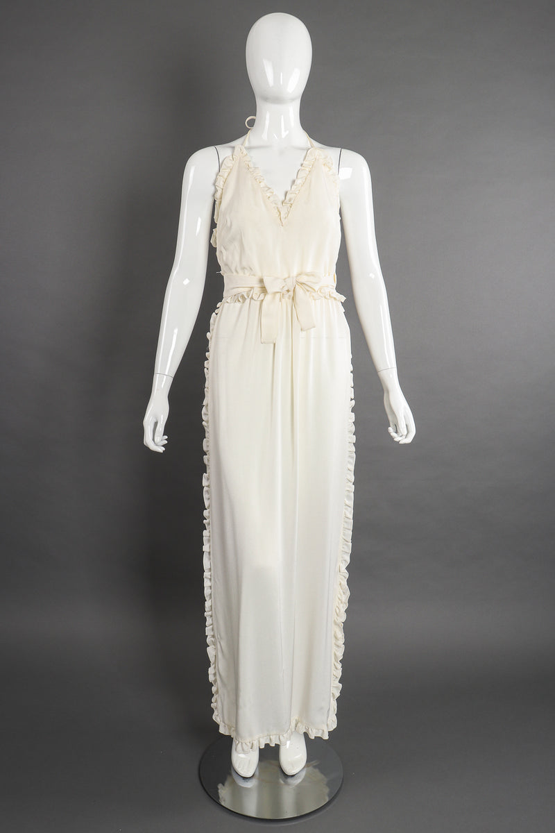 Vintage Albert Capraro Ruffle Wrap Halter Dress Bridal Wedding on Mannequin front at Recess LA