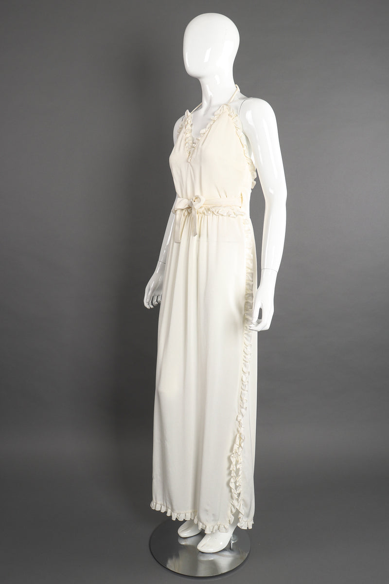 Vintage Albert Capraro Ruffle Wrap Halter Dress Bridal Wedding on Mannequin angle at Recess LA