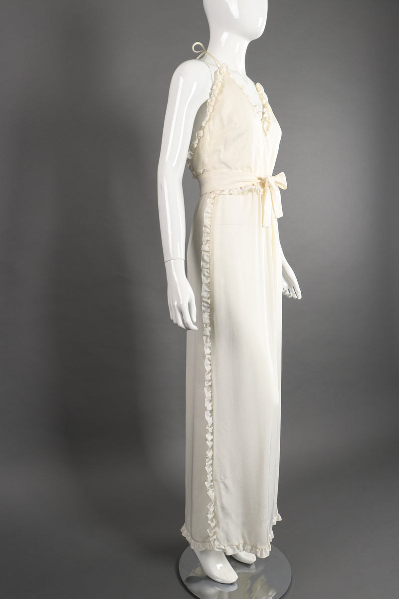 Vintage Albert Capraro Ruffle Wrap Halter Dress Bridal Wedding on Mannequin angle at Recess LA
