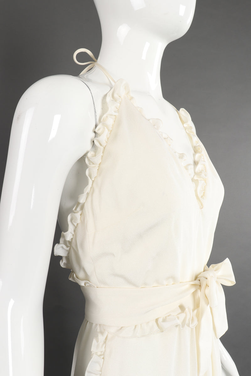 Vintage Albert Capraro Ruffle Wrap Halter Dress Bridal Wedding on Mannequin angle crop at Recess LA