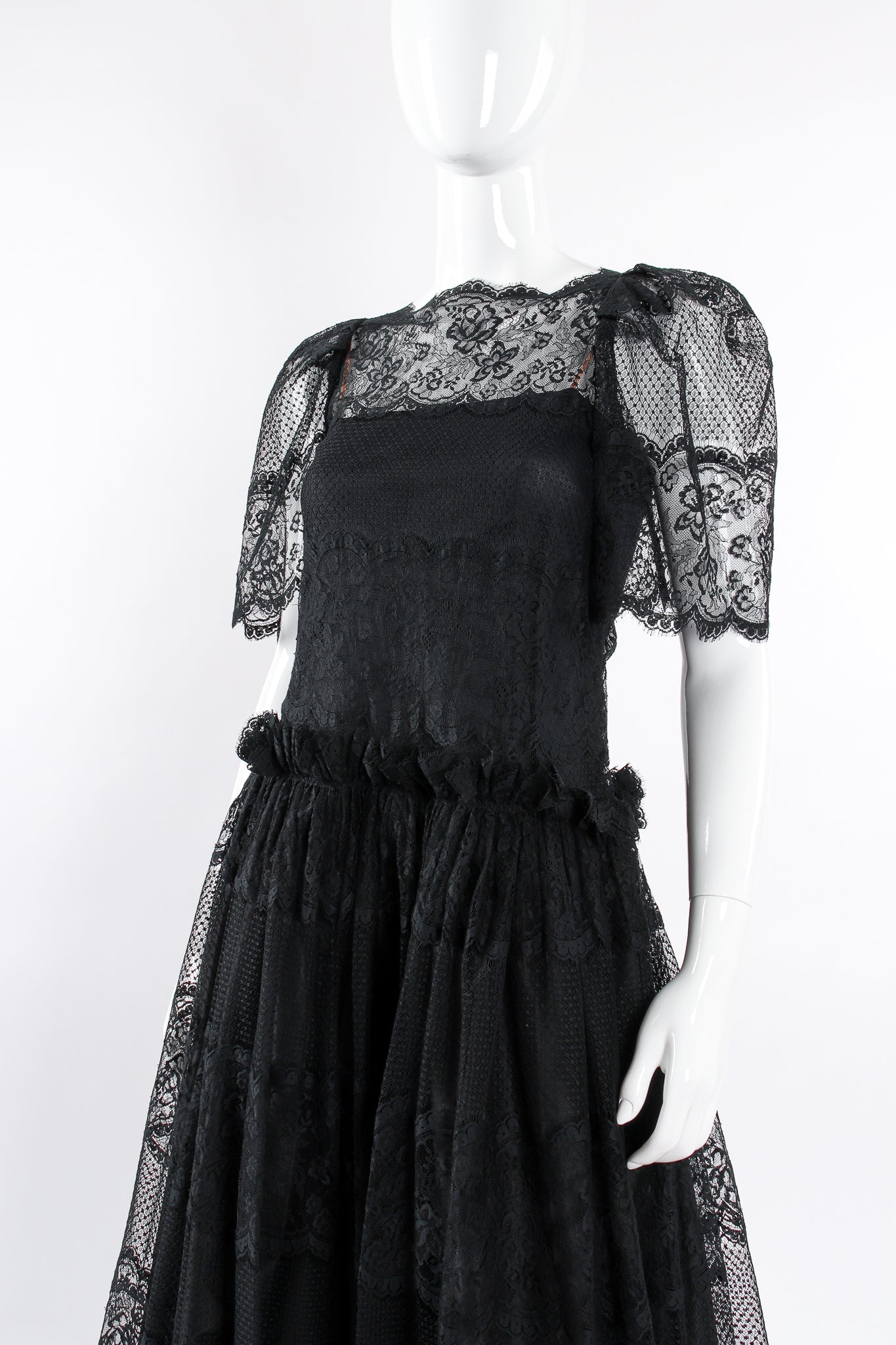 Vintage Albert Nipon Chantilly Lace Peasant Dress on Mannequin front crop at Recess LA