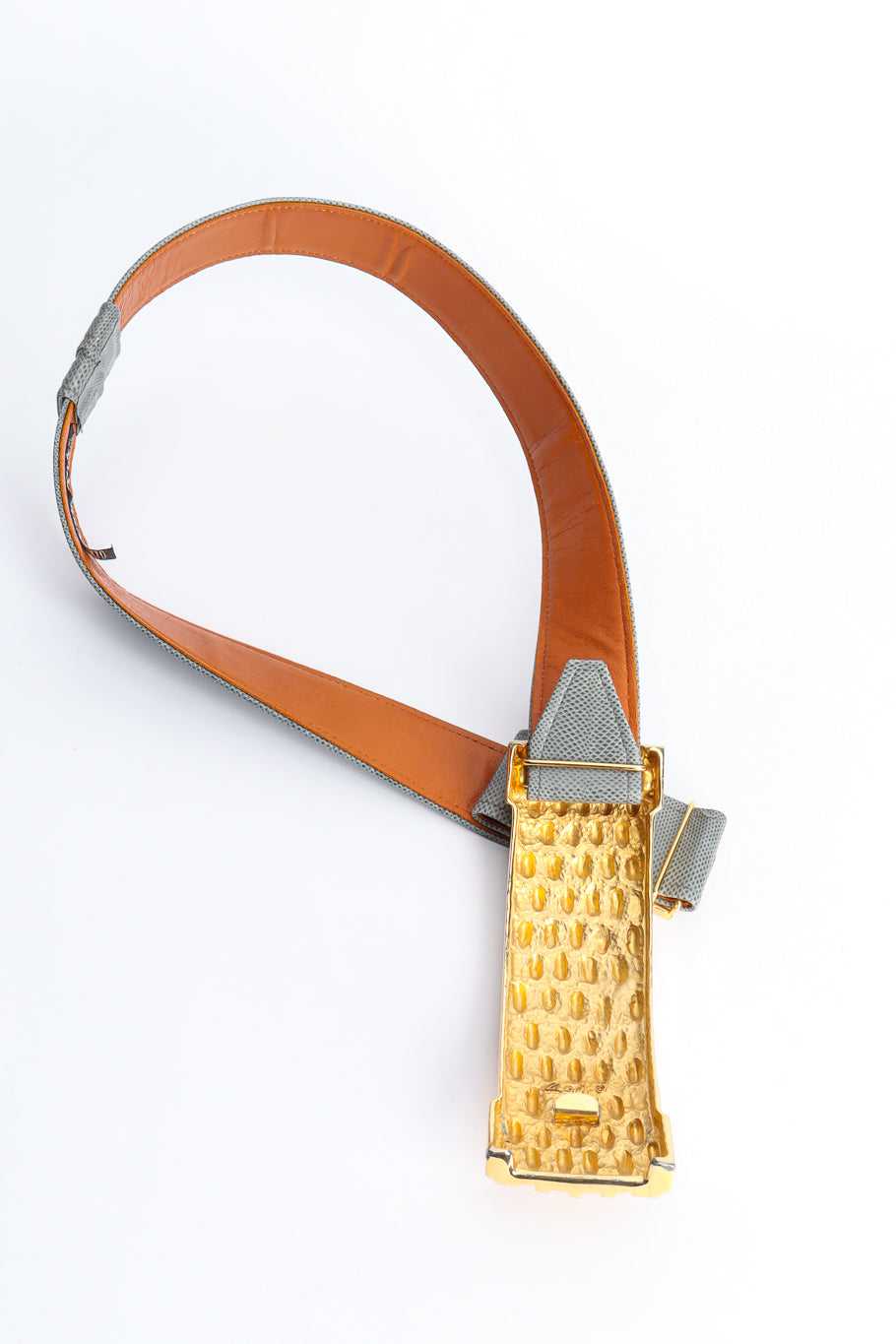 Grey lizard belt with textured gold basket weave buckle by Alexis Kirk inside of leather and buckle  @recessla