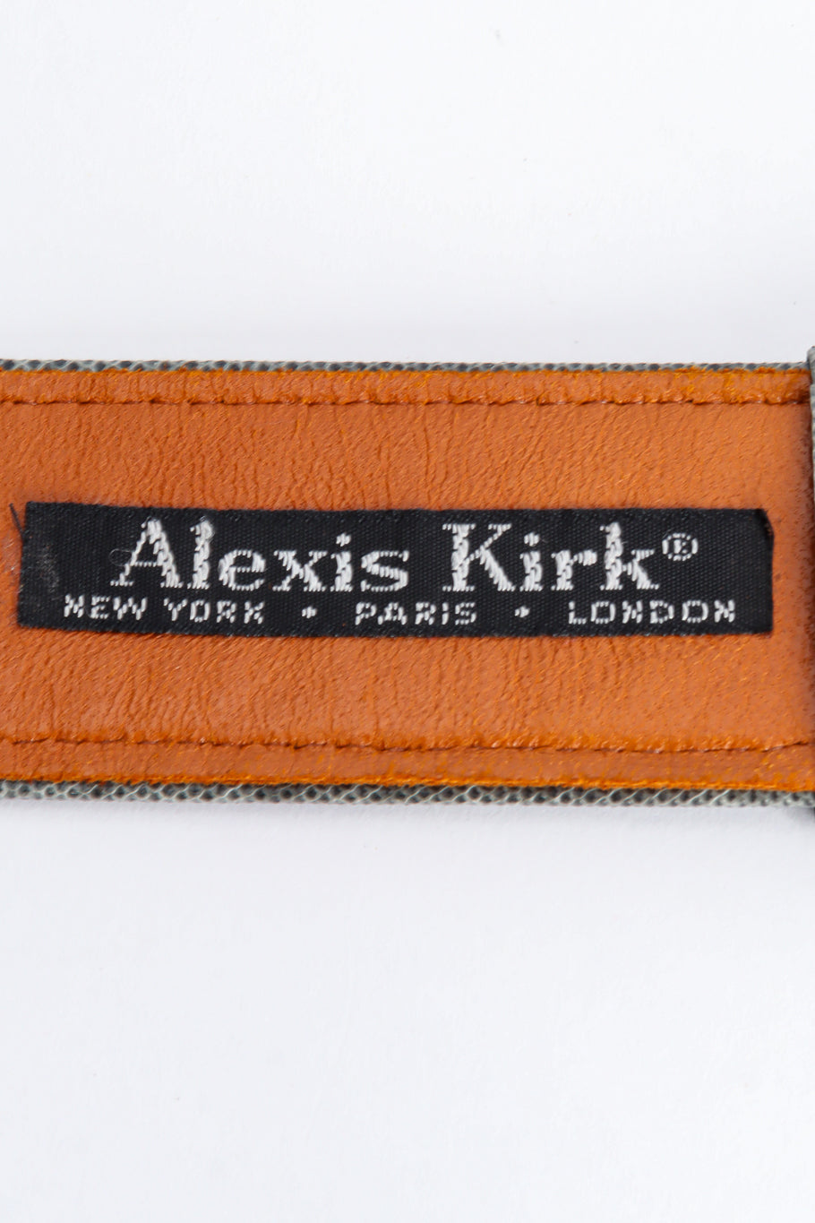 Grey lizard belt with textured gold basket weave buckle by Alexis Kirk label @recessla