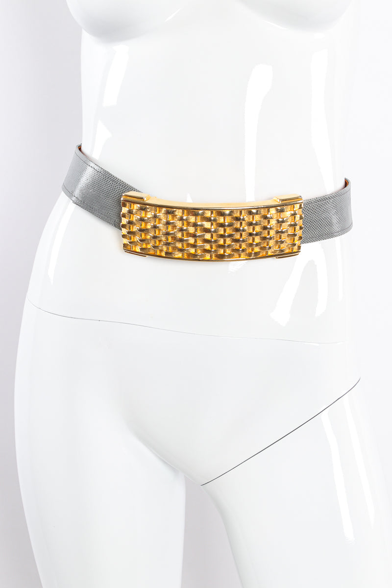 Grey lizard belt with textured gold basket weave buckle by Alexis Kirk on mannequin @recessla