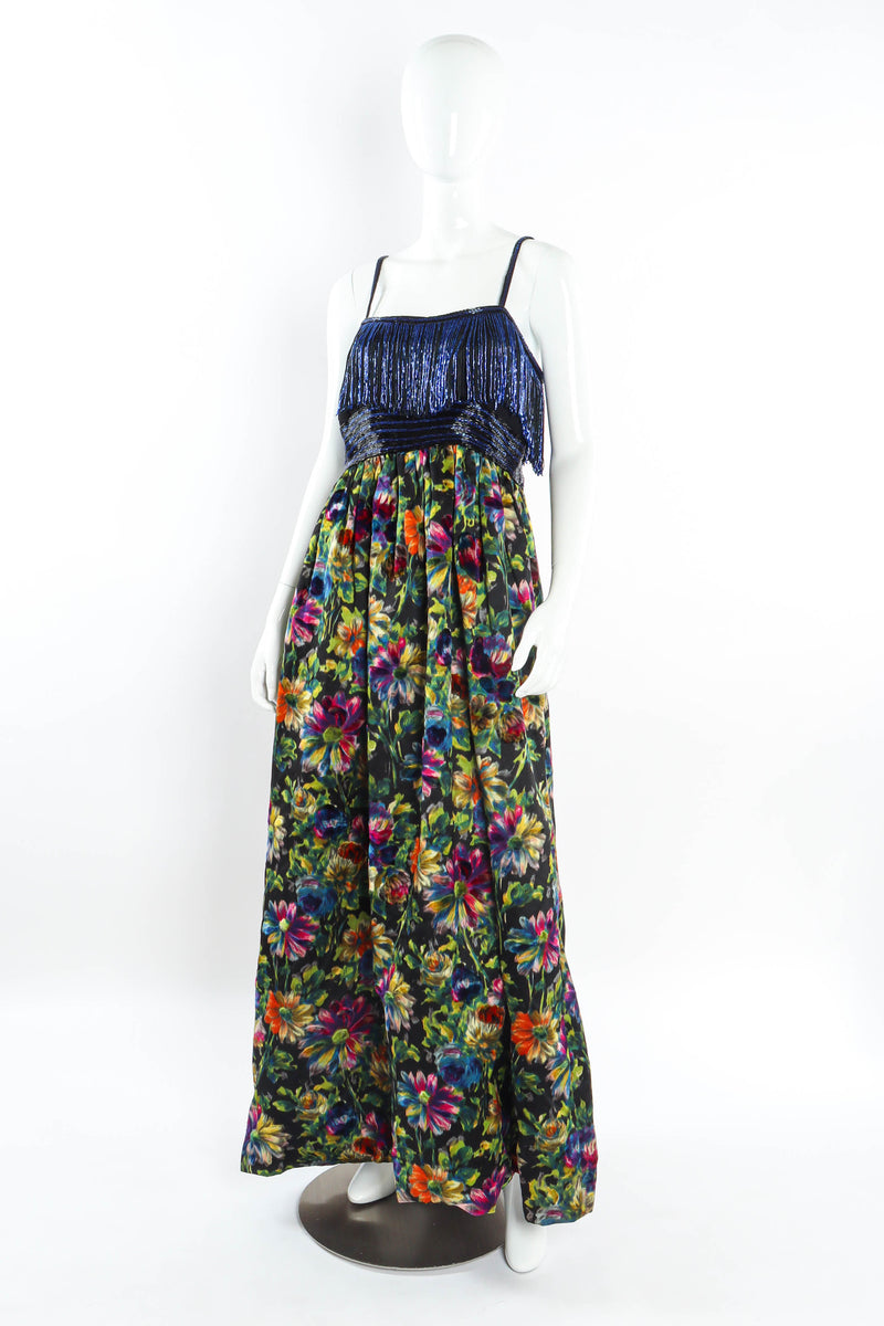 Vintage Alfred Bosand Daisy Print Beaded Gown mannequin angle full @ Recess Los Angeles