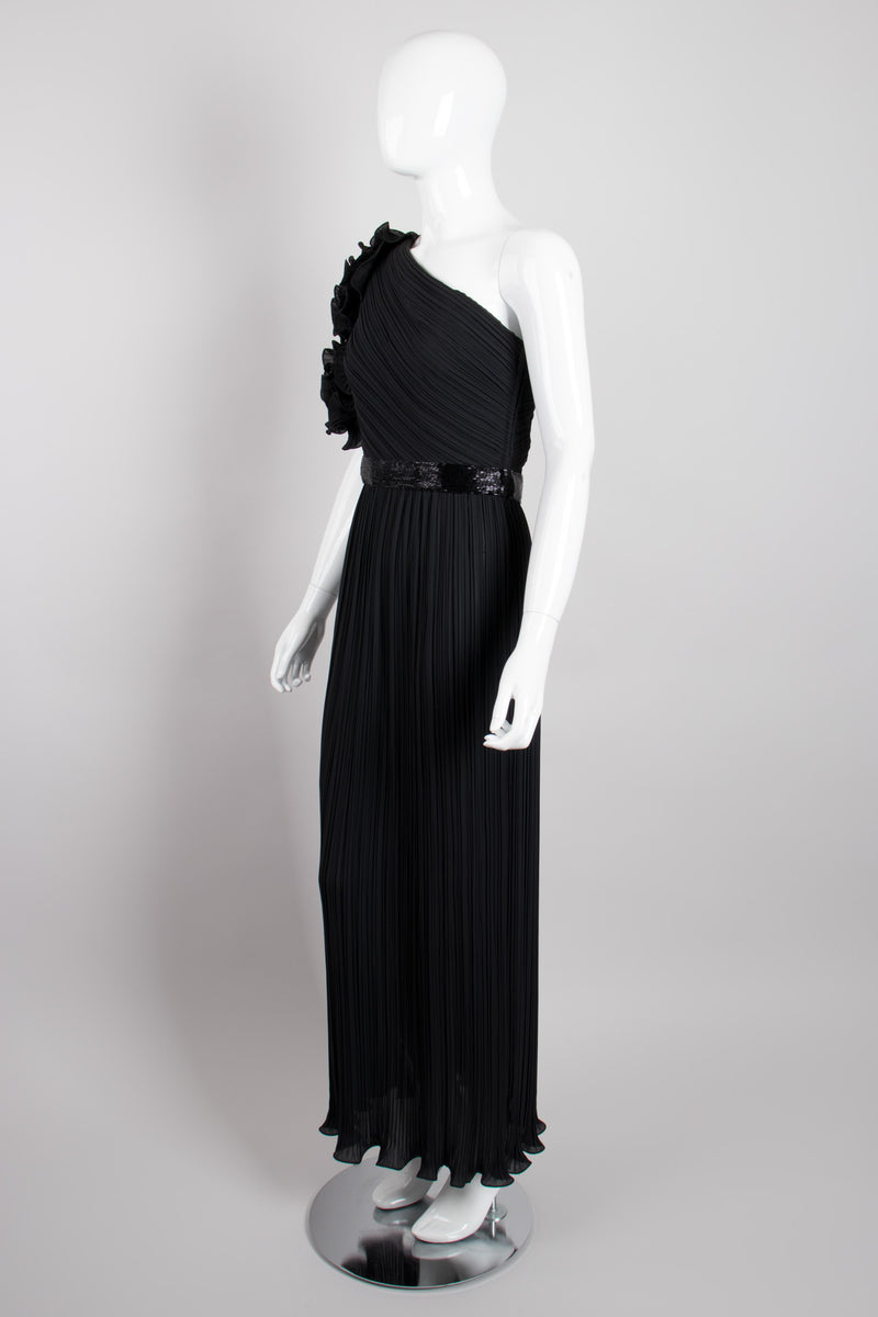 Alfred Bosand Asymmetrical Ruffle Sleeve Pleated One Shoulder Gown