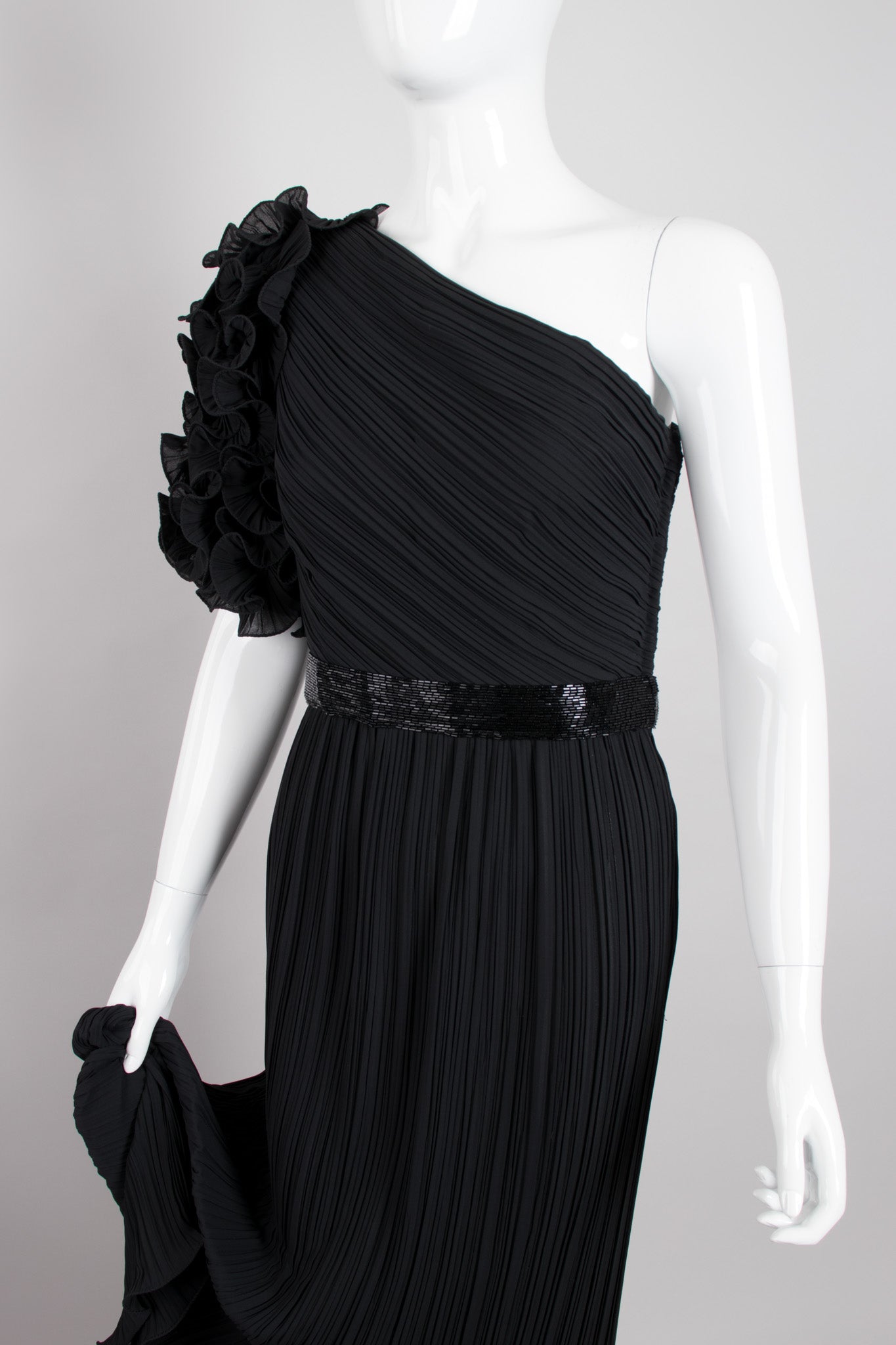 Alfred Bosand Asymmetrical Ruffle Sleeve Pleated One Shoulder Gown
