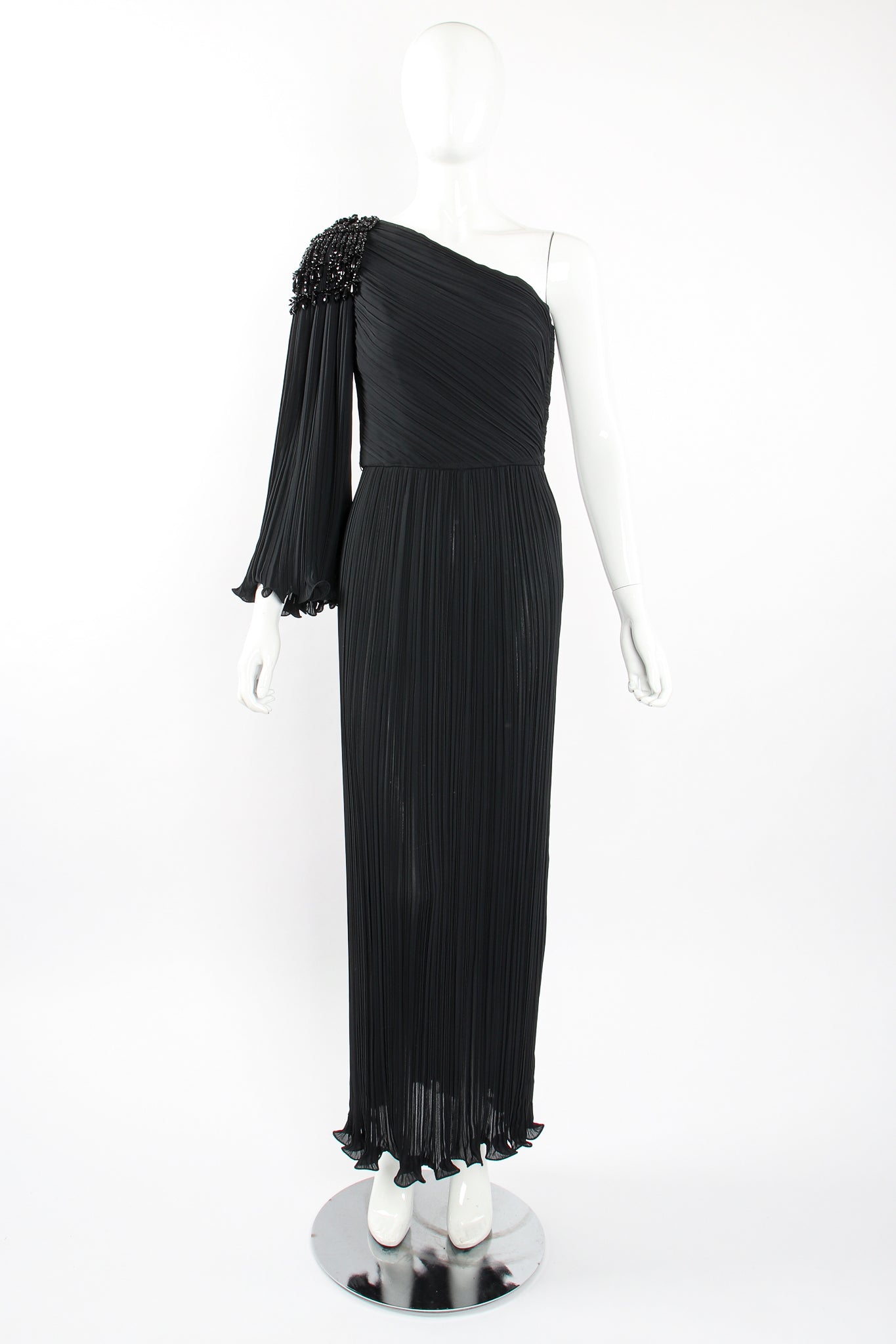 Vintage Alfred Bosand Asymmetrical Pleated Sleeve Gown on Mannequin front at Recess Los Angeles