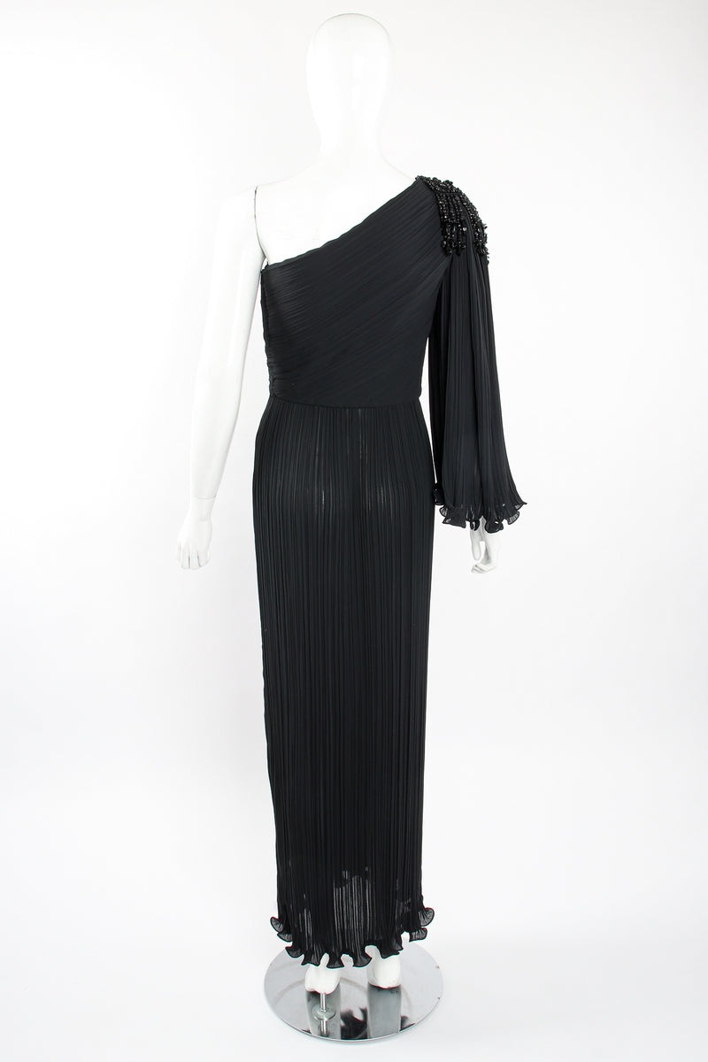 Vintage Alfred Bosand Asymmetrical Pleated Sleeve Gown on Mannequin back at Recess Los Angeles