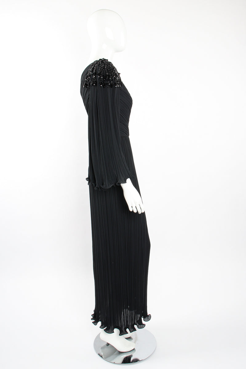 Vintage Alfred Bosand Asymmetrical Pleated Sleeve Gown on Mannequin side at Recess Los Angeles