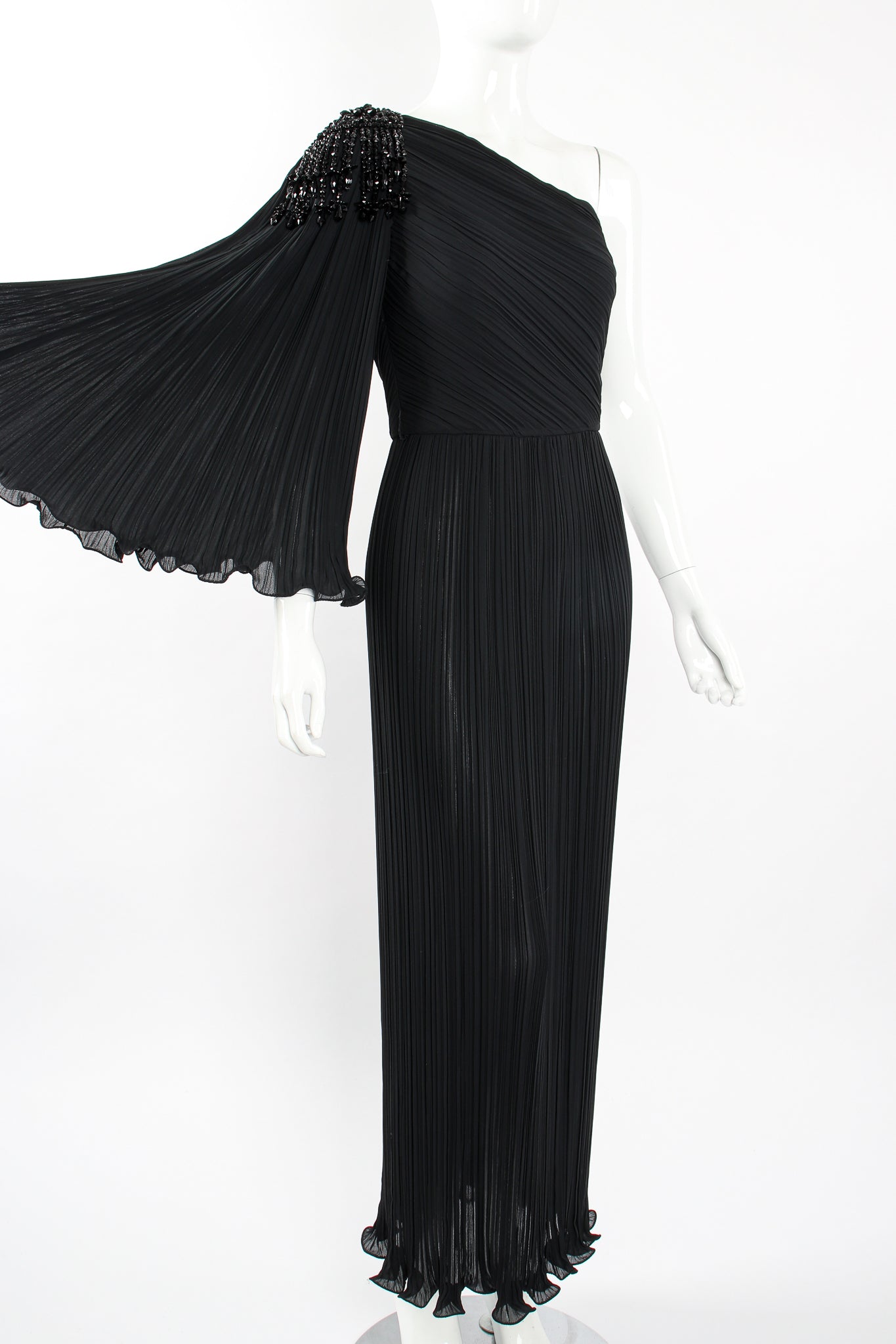 Vintage Alfred Bosand Asymmetrical Pleated Sleeve Gown on Mannequin angle at Recess Los Angeles
