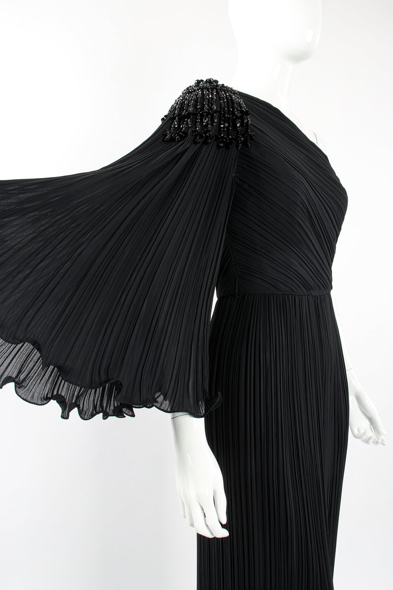 Vintage Alfred Bosand Asymmetrical Pleated Sleeve Gown on Mannequin crop at Recess Los Angeles