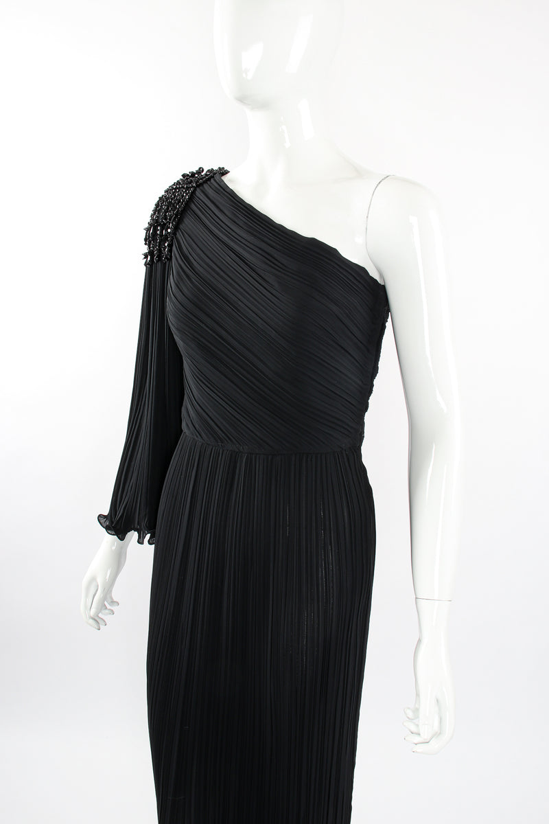 Vintage Alfred Bosand Asymmetrical Pleated Sleeve Gown on Mannequin angle at Recess LA