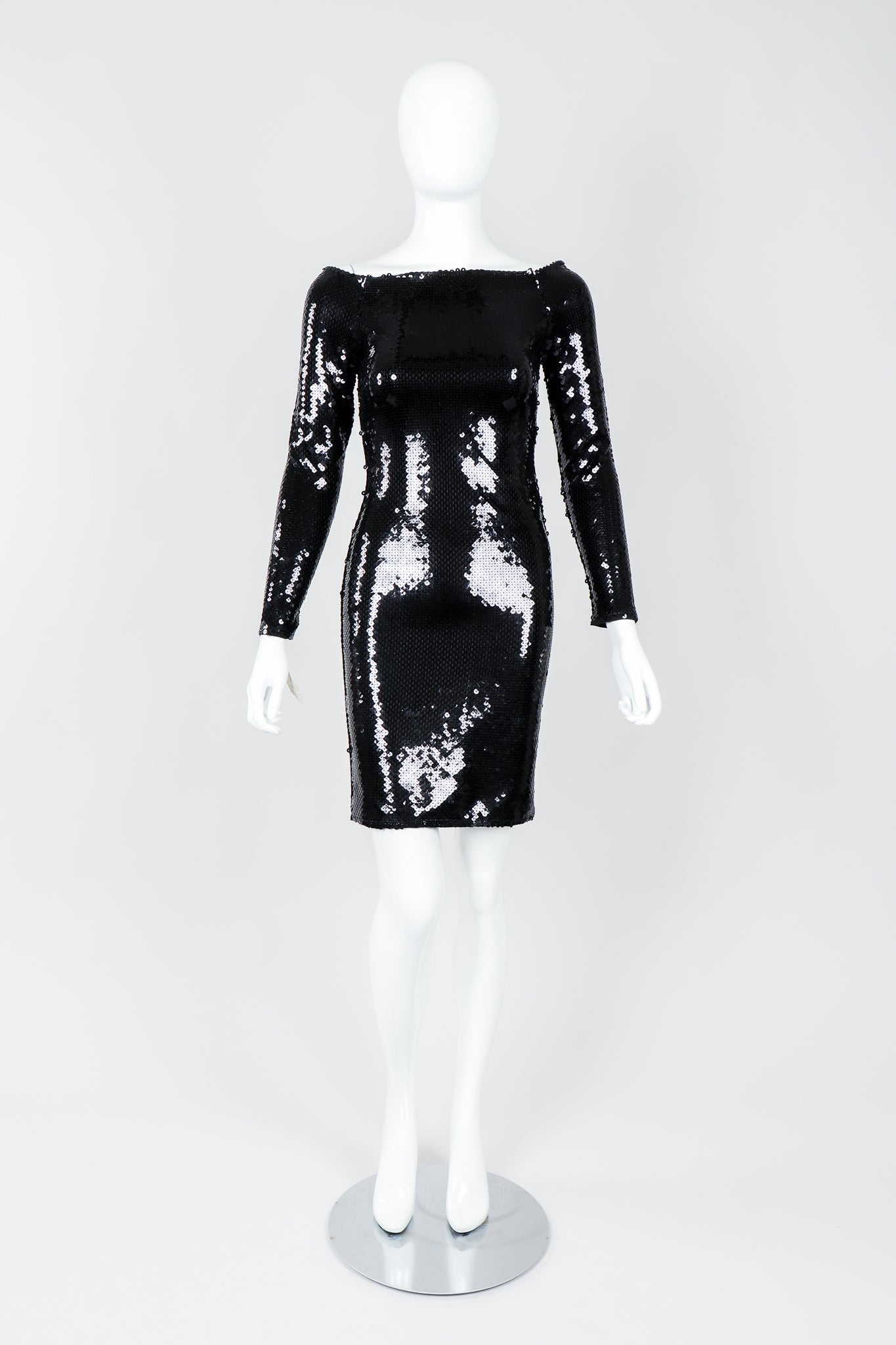 Vintage Andrea Behar Black Liquid Sequin Off-The-Shoulder Dress on Mannequin front, at Recess