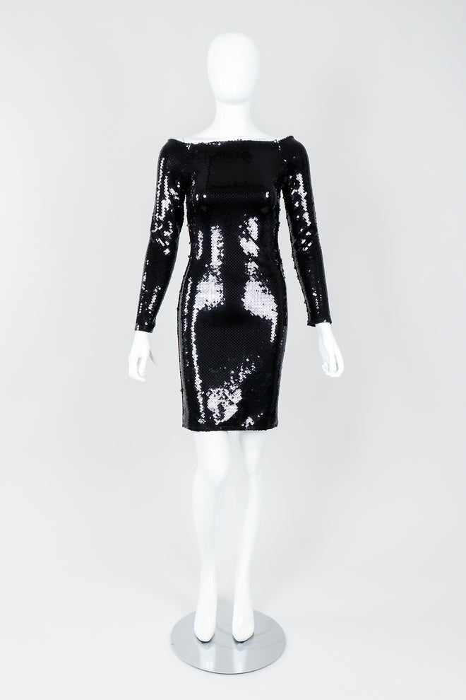 Vintage Andrea Behar Black Liquid Sequin Off-The-Shoulder Dress on Mannequin front, at Recess