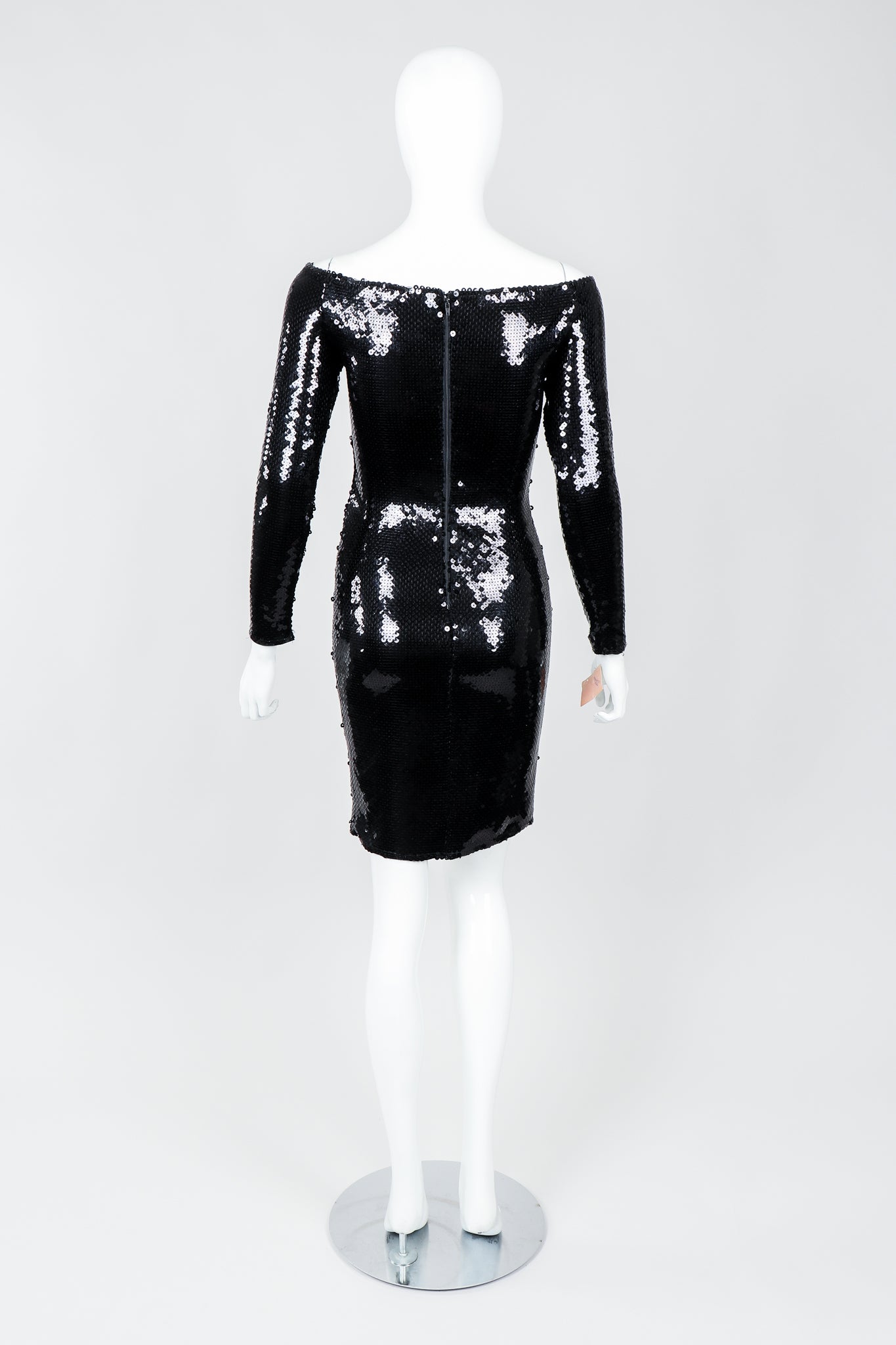 Vintage Andrea Behar Black Liquid Sequin Off-The-Shoulder Dress on Mannequin Back, at Recess