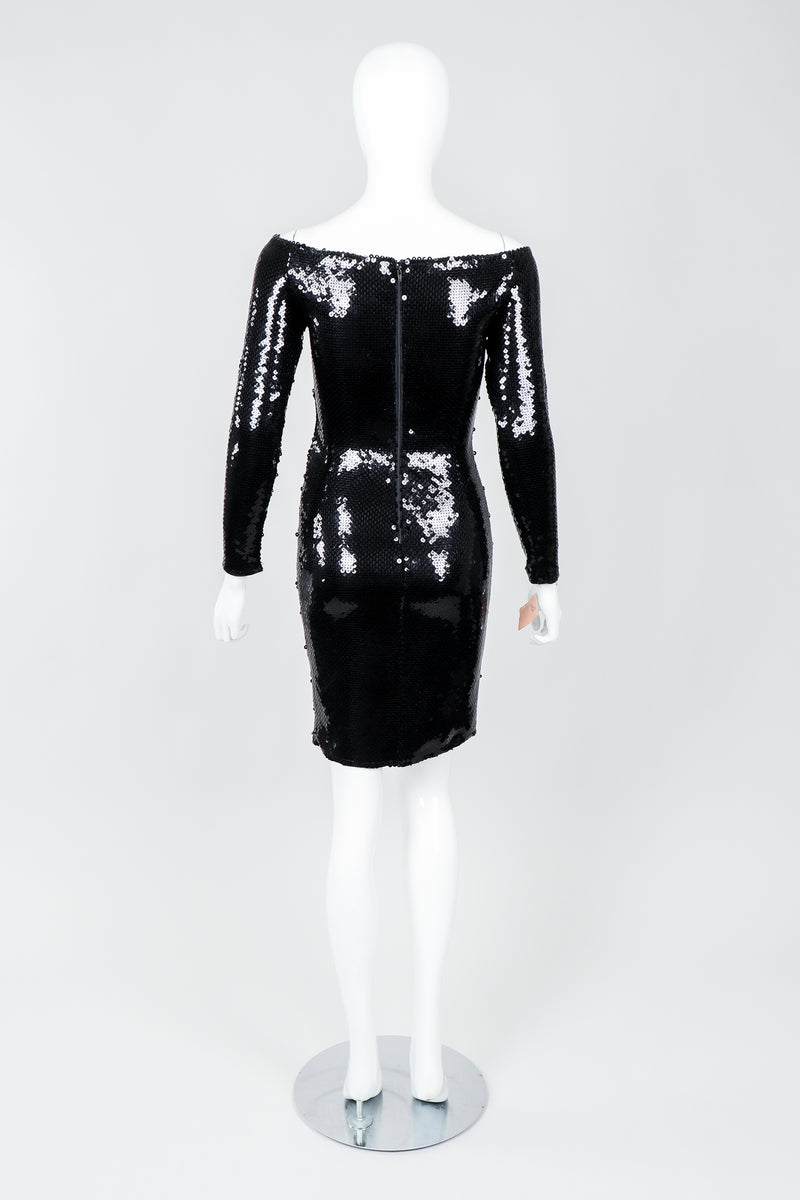 Vintage Andrea Behar Black Liquid Sequin Off-The-Shoulder Dress on Mannequin Back, at Recess