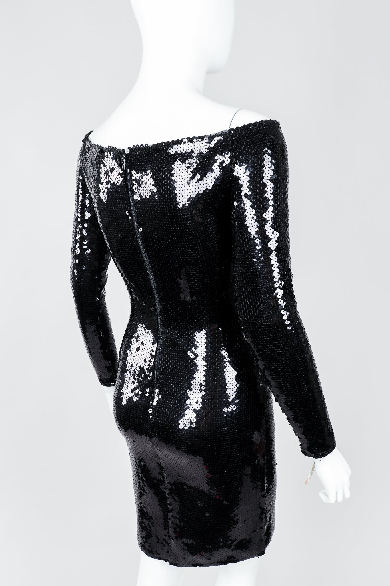 Vintage Andrea Behar Black Liquid Sequin Off-The-Shoulder Dress on Mannequin Rear view, at Recess